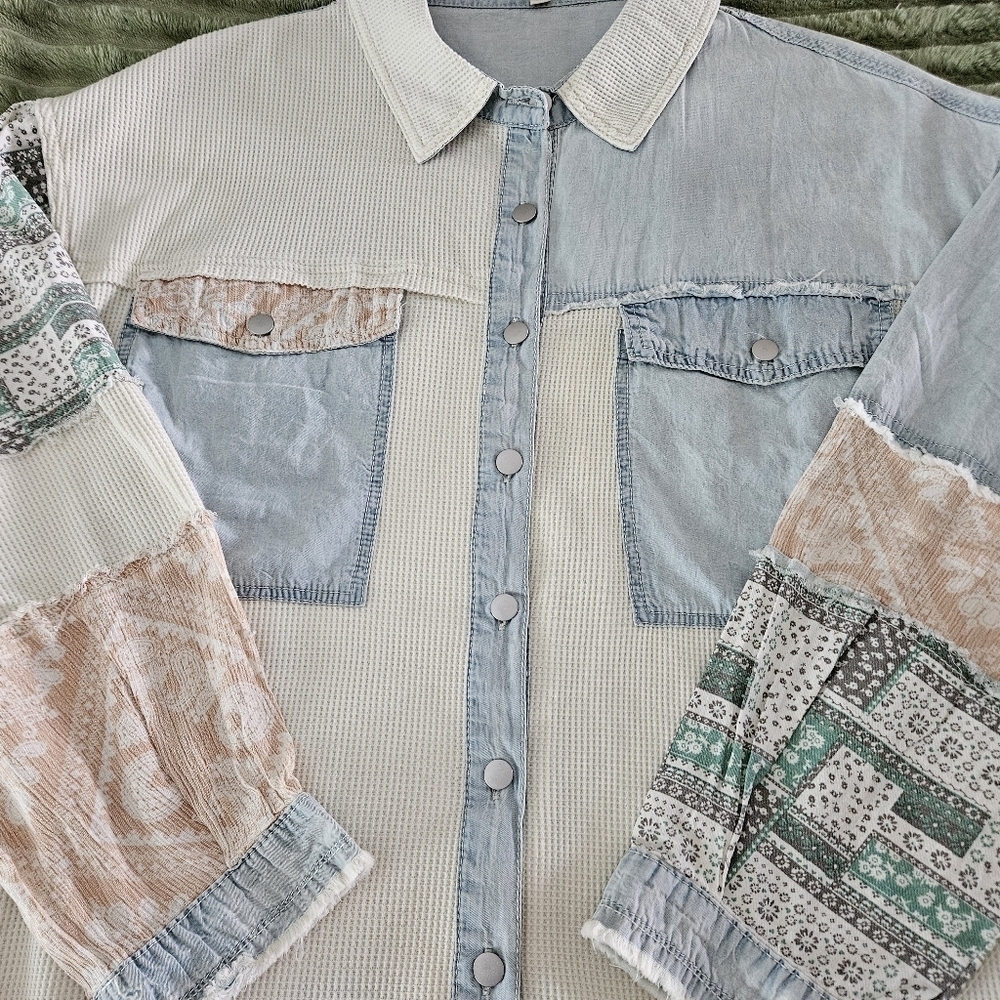 POL Patchwork Denim Shirt/Jacket Blue Ivory Sz L - Picture 5 of 12